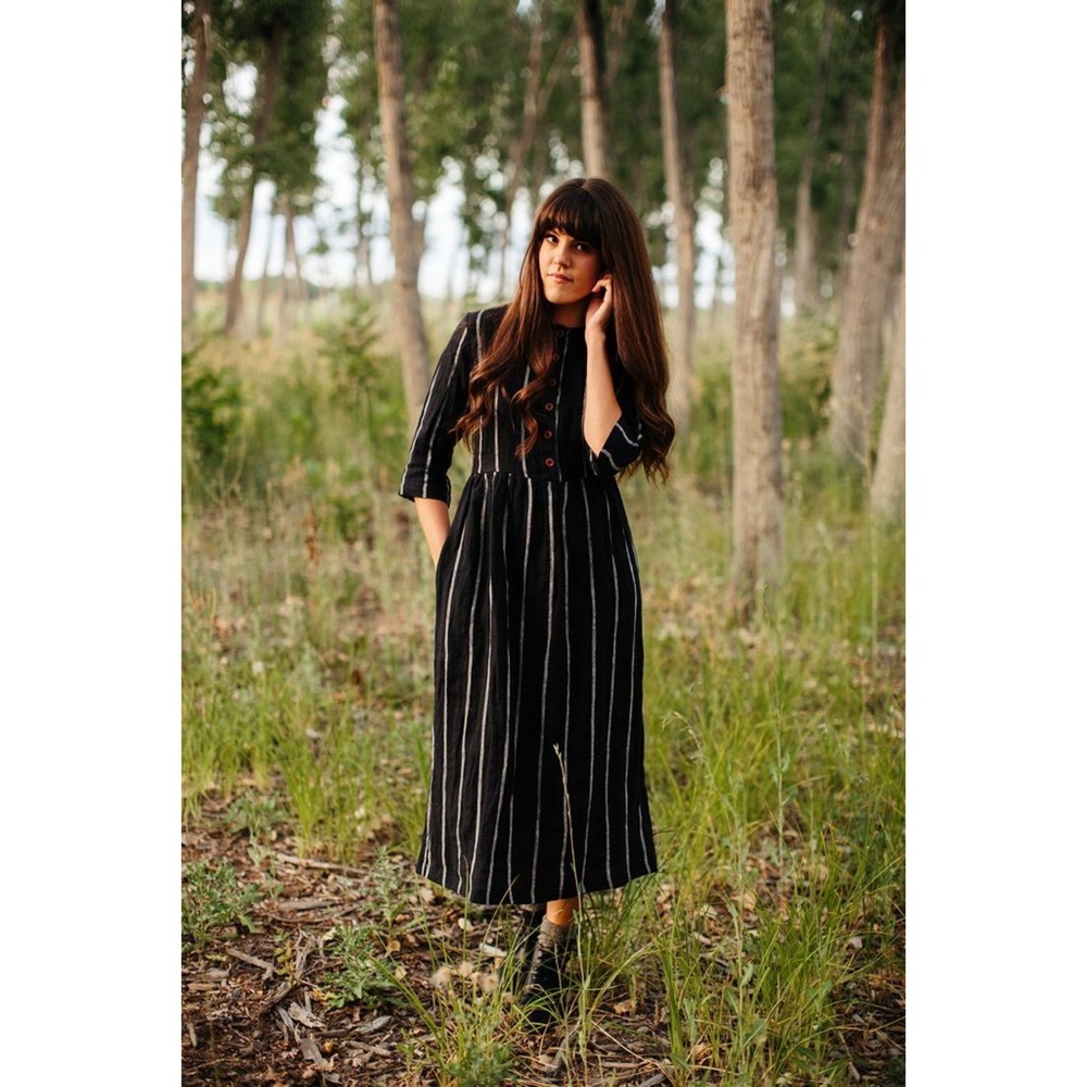 Pyne & Smith Button Up Full Length Linen Dress in Brown Stripe